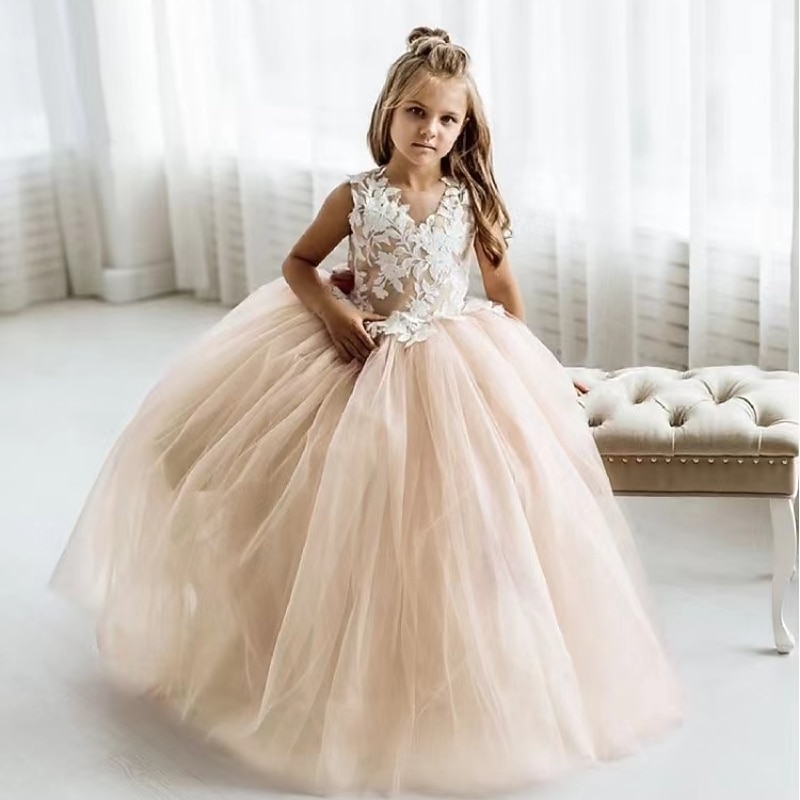 Kids Girls' Flower Girl Dress Party Dress Solid Color Sleeveless Performance Wedding Party Mesh Princess Sweet Mesh Mid-Calf Sheath Dress Floral Embroidery Dress Tulle Dress Summer Spring Fall 2-123