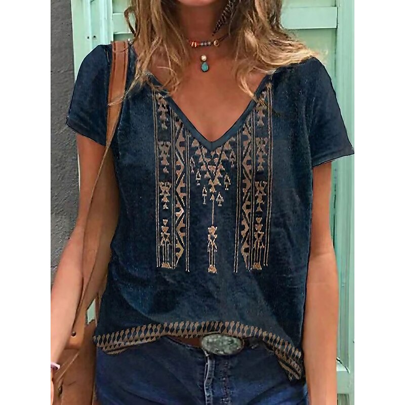 Women's T shirt Tee Blue Geometric Daily Going out Basic Ethnic V Neck S