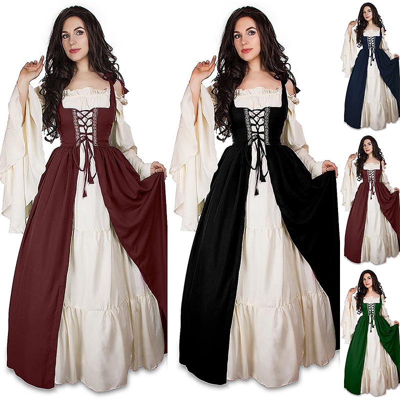 Retro Vintage Medieval Renaissance Dress Chemise OverDress Lady Viking Elven Fancy Dress Women's Celtic Pirate Fantasy Casual Daily Adults' Dress