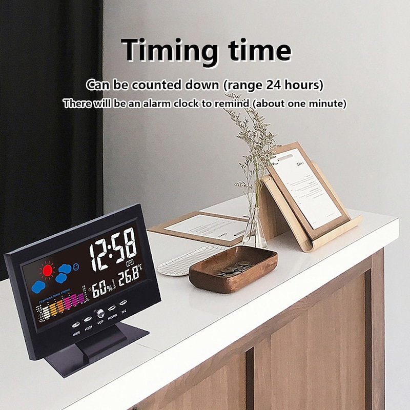 Weather Clock With Time Date Week Temperature Humidity Display Weather Forecast Function With Voice-activated Backlight Function 15.6X4X9.6CM/6.1*3.7*1.5in2