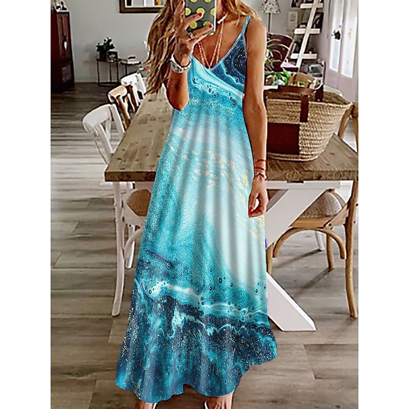 Women's Maxi Dress Casual Dress Sundress Floral Dress Basic Classic Casual Vacation Casual Daily Regular Fit Print Marble Sleeveless V Neck Khaki Light Blue Summer Spring2