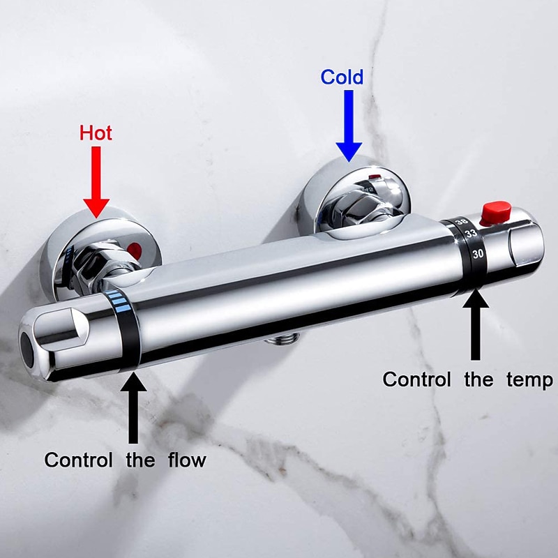 Thermostatic Shower Mixer Bar Wall Mounted Chrome, Shower Mixer Tap with 38℃ Anti Scald Safty Button, Outlet G1/2 Round Mixer Bar Wall Mount2