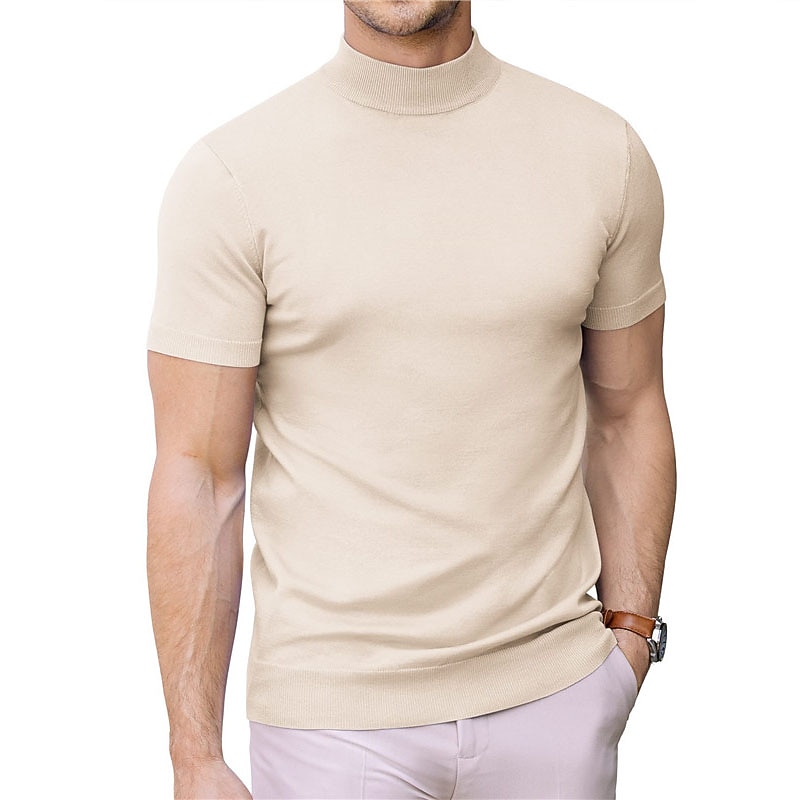 Men's T Shirt Turtleneck shirt Knit Tee Tee Top Short Sleeves Turtleneck Summer Plain Fashion Designer Basic Knitting Vacation Street Going out Black White Navy Blue Top Tee for Men3