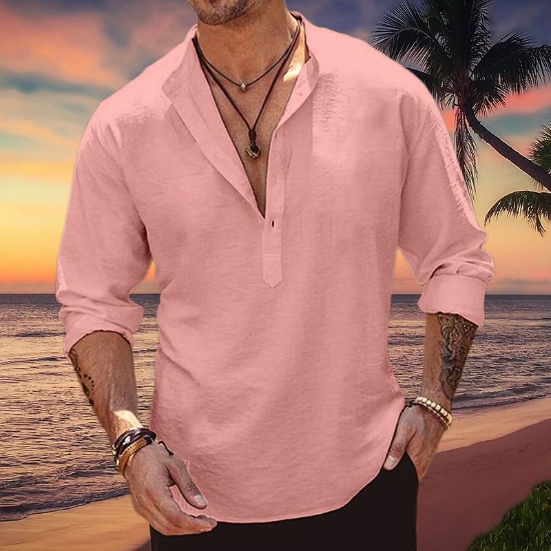 Men's Shirt Linen Shirt Popover Shirt Summer Shirt Beach Wear Band Collar Shirt Plain Vacation Curise Pink Blue Army Green Long Sleeve Henley Spring & Summer Clothing Apparel2