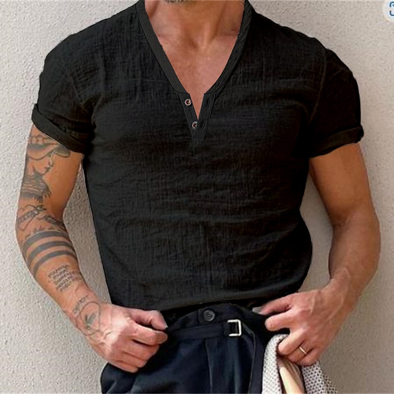 Men's T Shirt Henley Shirt Short Sleeve Plain Fashion Casual Comfortable Button-Down Henley Street Holiday Beach Spring & Summer Black White Blue Henley T-Shirt3