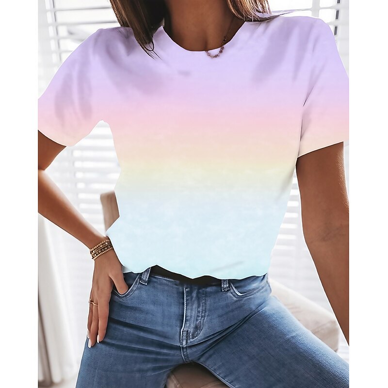 Women's T Shirt Basic Casual Short Sleeve Regular Tops Round Neck Daily Gradient purple Gradient pink Gradient orange