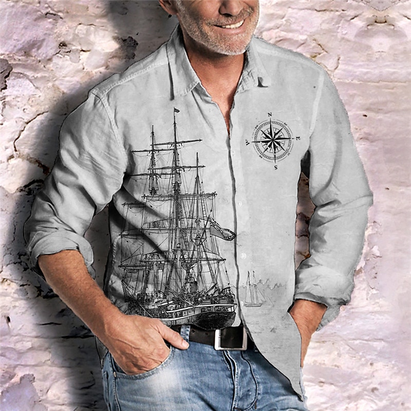 Men's Nautical Vintage Sailboat Shirt Button Up Shirt Long Sleeve Vintage Fashion Streetwear Outdoor Casual Daily Summer Spring Fall Turndown Print Black Blue Green Khaki Gray