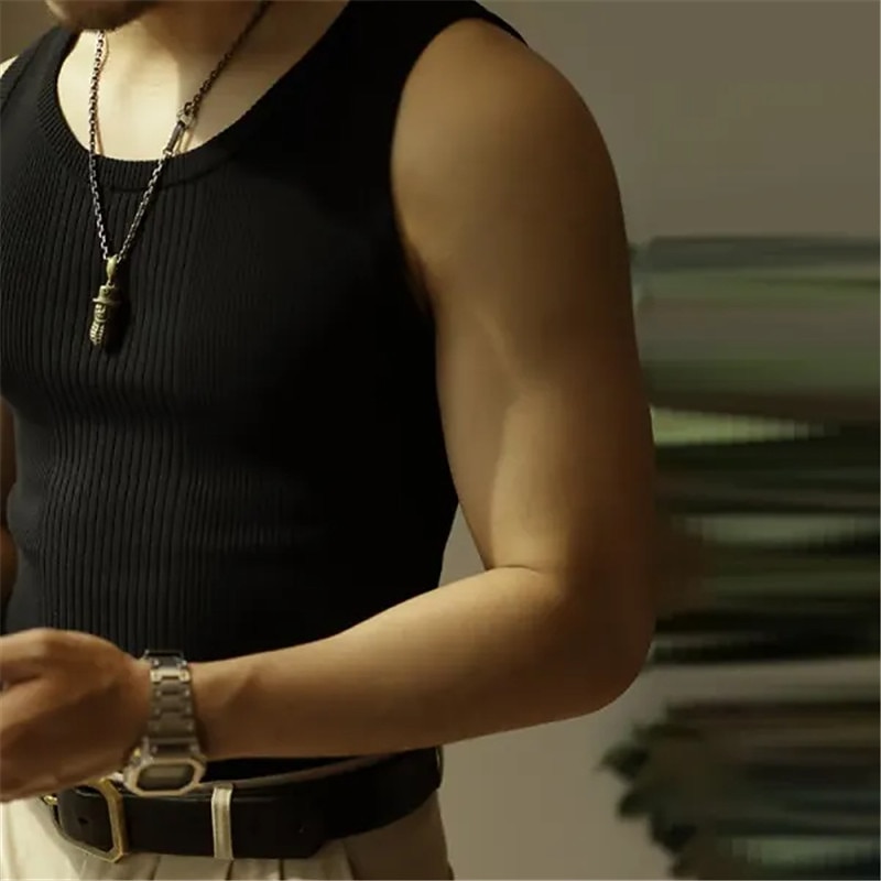 Men's Tank Top Vest Top Undershirt Sleeveless Shirt Sleeveless Crew Neck Summer Plain Vertical Stripes Fashion Designer Muscle Outdoor Going out Gym Black White Gray Top Tee for Men2