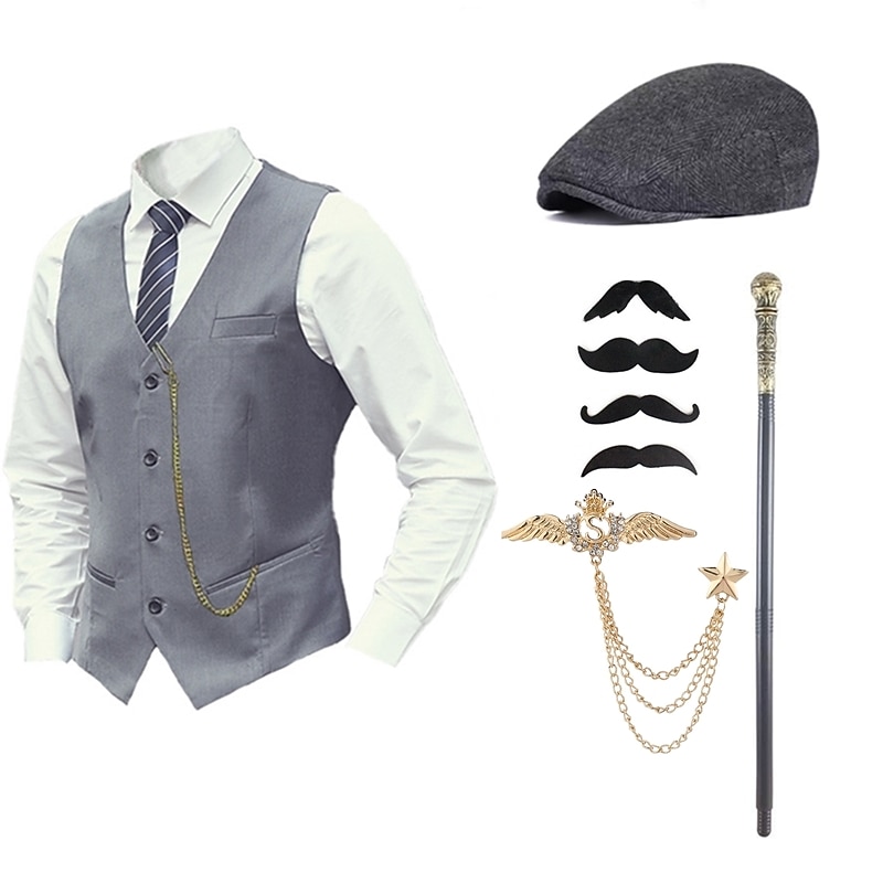 Mens 1920s Gangster Outfit Vest with Accessories Set 5 Pcs Retro Vintage Roaring 20s Theme Party Cosplay Costume Panama Hat Beard Brooch Cane3