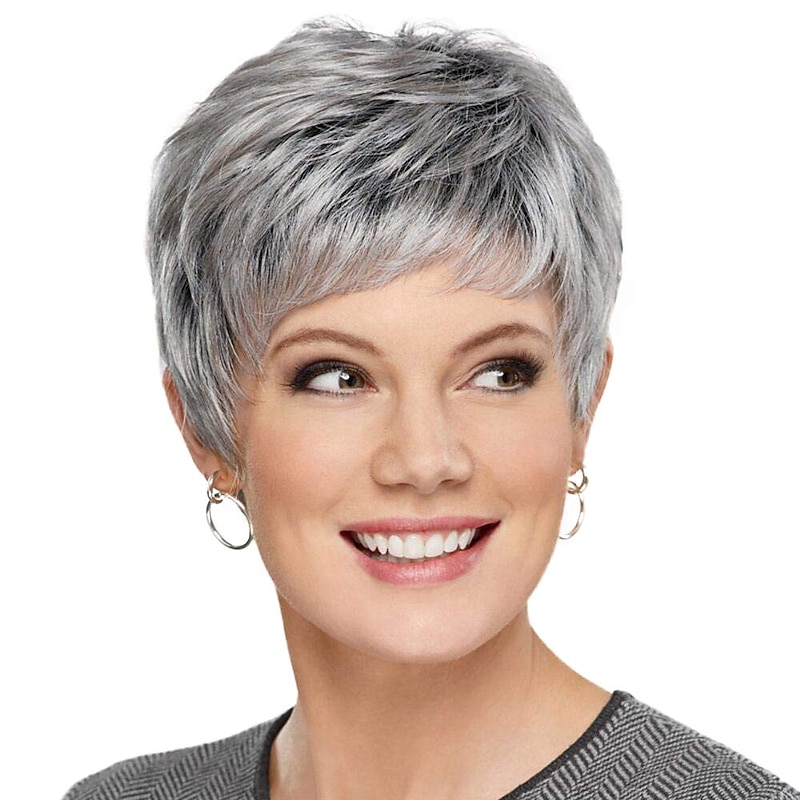 Wig for Women Synthetic Short Wig with Bangs Mixed Gray Hair High Temperature Fiber Heat Resistant Hair Daily Use Wigs2