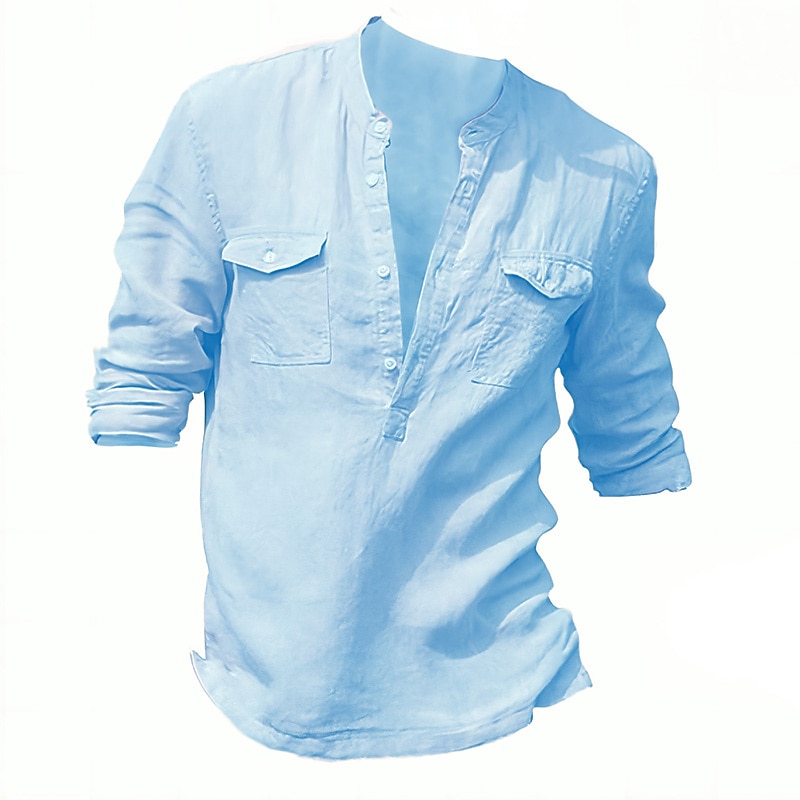 Men's Shirt Cotton Linen Shirt White Cotton Shirt Chinese Collar Shirt Mandarin Collar Shirt Popover Shirt Plain Vacation Casual White Blue Long Sleeve Henley Spring & Summer Clothing Apparel3