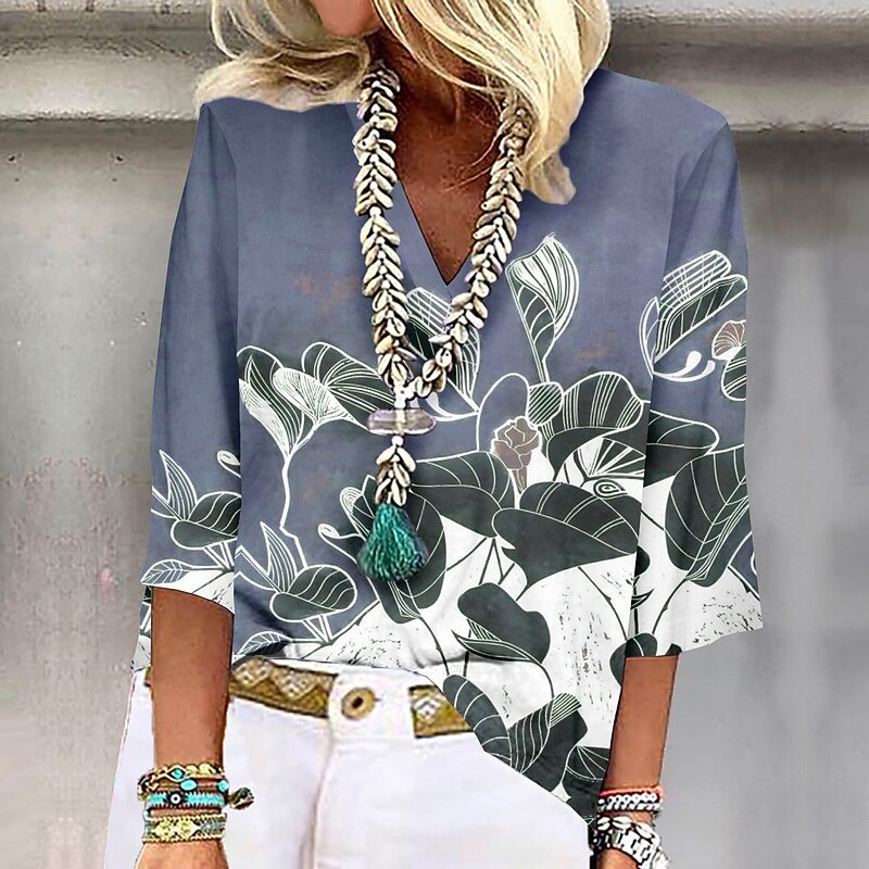 Women's Shirt Button Down Blouse Basic Print 3/4 Length Sleeve Regular Tops Shirt Button Down Blouse Collar Casual Holiday Pink Blue Green Khaki2