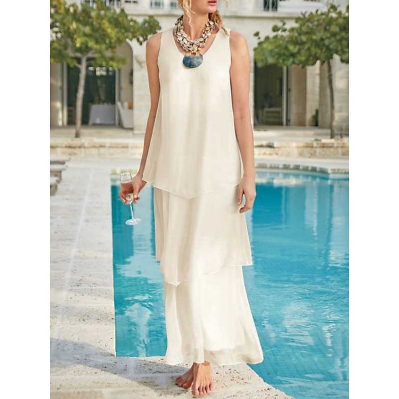 Beach Wedding Sheath Mother of the Bride Dress Wedding Guest Elegant Simple V Neck Ankle Length Chiffon Sleeveless with Tier Solid Color 2025 free cus