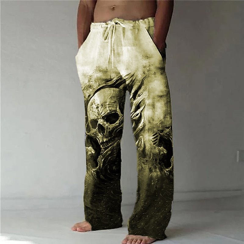 Men's Trousers Summer Pants Beach Pants Drawstring Elastic Waist 3D Print Skull Graphic Prints Comfort Casual Daily Holiday Streetwear Hawaiian Yellow Blue4