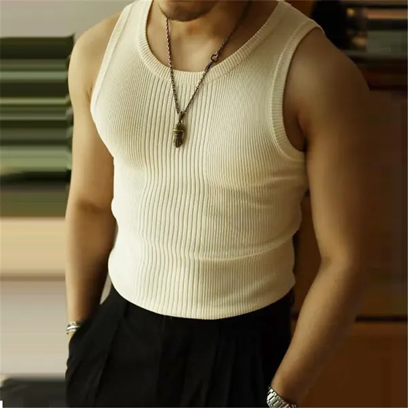 Men's Tank Top Vest Top Undershirt Sleeveless Shirt Sleeveless Crew Neck Summer Plain Vertical Stripes Fashion Designer Muscle Outdoor Going out Gym Black White Gray Top Tee for Men3