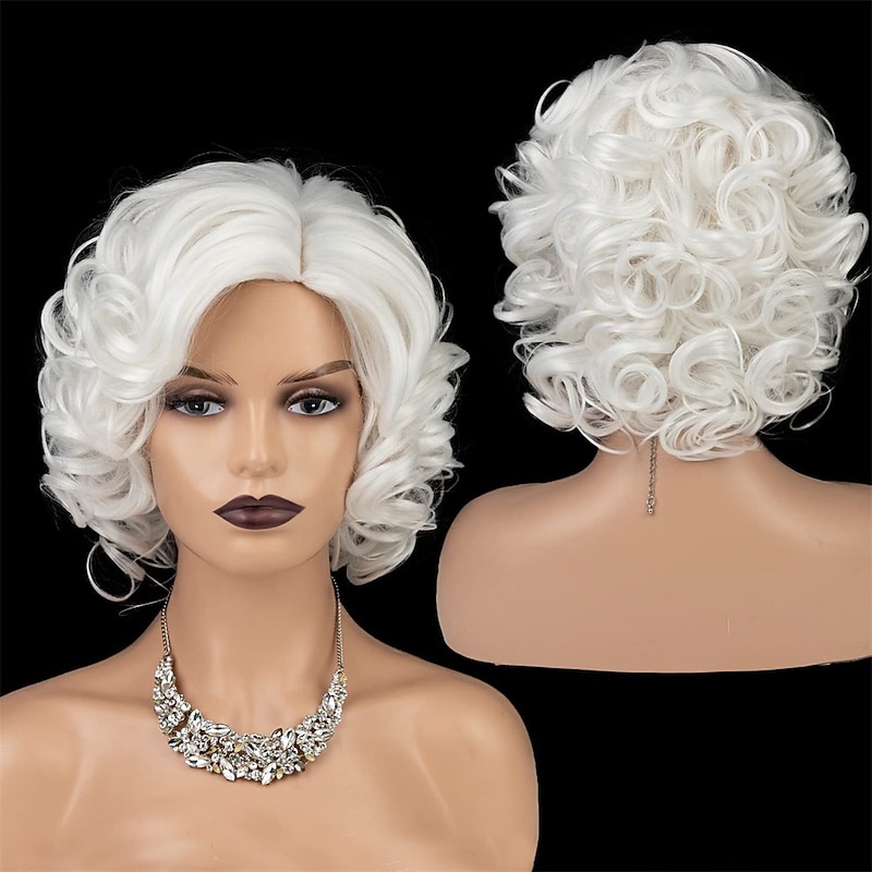 Short Curly White Wigs for Women Soft Big Curly Bob Wigs Synthetic Hair Cosplay Costume Halloween Wigs Natural Looking