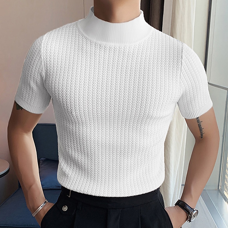 Men's T Shirt Knit Tee Tee Top Mock Turtleneck Short Sleeves Turtleneck Summer Plain Fashion Designer Basic Knitting Vacation Street Going out Black White Coffee Top Tee for Men2