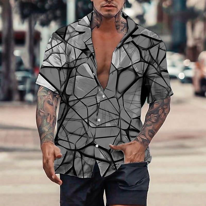 Men's Color Block Abstract Shirt Button Up Shirt Short Sleeve Sports Fashion Streetwear Casual Holiday Going out Summer Spring Cuban Collar Print Black Yellow Blue Green4