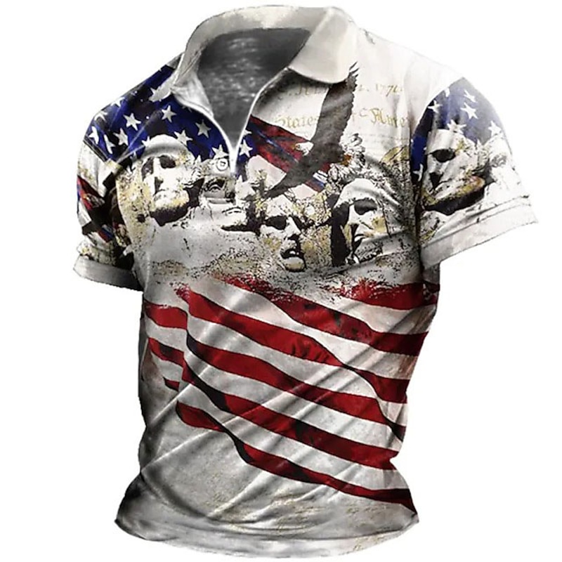 Men's American Flag Veterans Zip Polo Shirts Golf Shirt Short Sleeve Polo Shirts Collared Shirts Casual Streetwear Vacation Wear Party Outfits 3D Print Quarter Zip Polo Black-White Black Red4