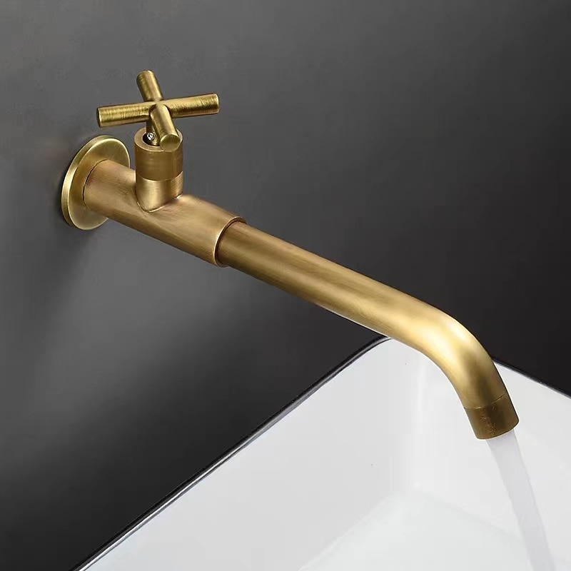 Wall Mounted Bathroom Sink Faucet Cold Water Only, Basin Taps Vintage Brass Single Handles One 3 Hole Washroom Wash Baxin Tap3