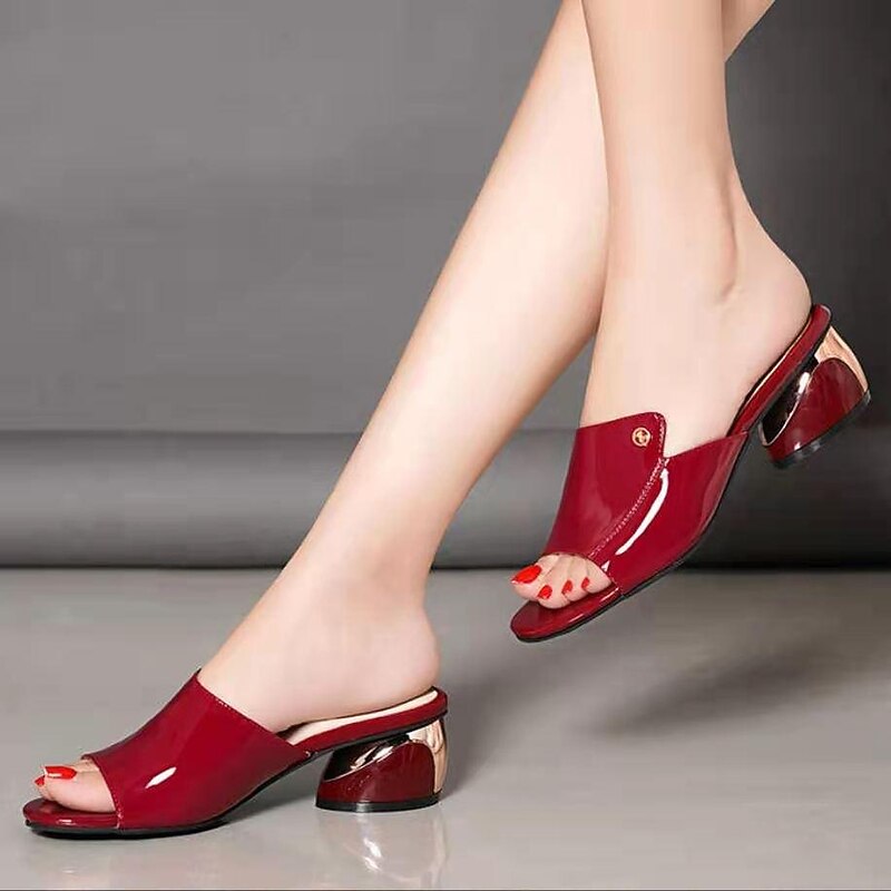 Women's Red Patent Faux Leather Open-Toe Mules with Metallic Block Heels - Chic and Comfortable for Evening Parties3