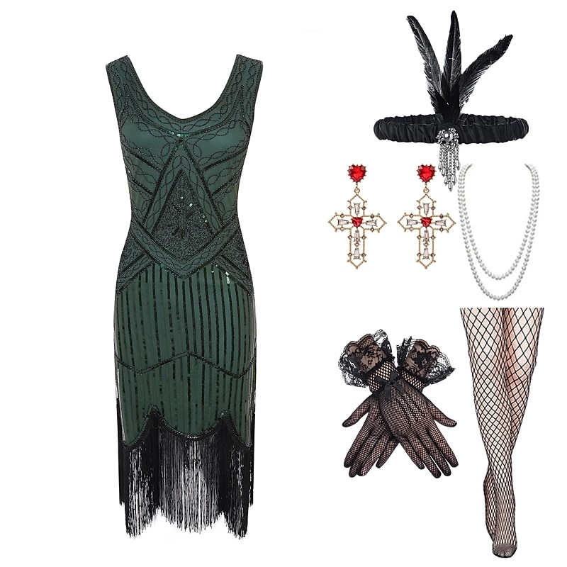 1920s Gatsby Flapper Dress with 20s Accessories Set Women's Sequins Tassel Fringe Costume Retro Vintage Cosplay Party & Evening Cocktail Dress2