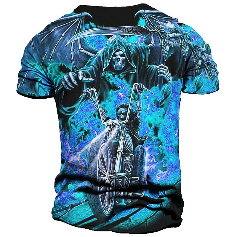 Men's Graphic Skull Flame Motorcycle T Shirt Motorcycle T Shirt Short Sleeve T shirt 3D Print Crew Neck Shirt Vintage Fashion Designer Outdoor Daily Sports Blue Orange Gray Spring & Summer Clothing2