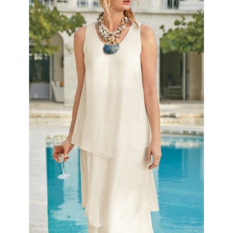 Beach Wedding Sheath Mother of the Bride Dress Wedding Guest Elegant Simple V Neck Ankle Length Chiffon Sleeveless with Tier Solid Color3