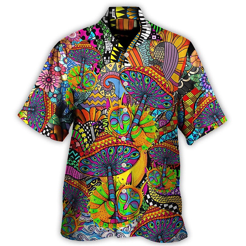 Men's Colorful Hippie Mushroom Shirt Summer Hawaiian Shirt Button Up Shirt Short Sleeve Sports Fashion Streetwear Outdoor Casual Hawaiian Summer Spring Cuban Collar Print Black Blue Purple3