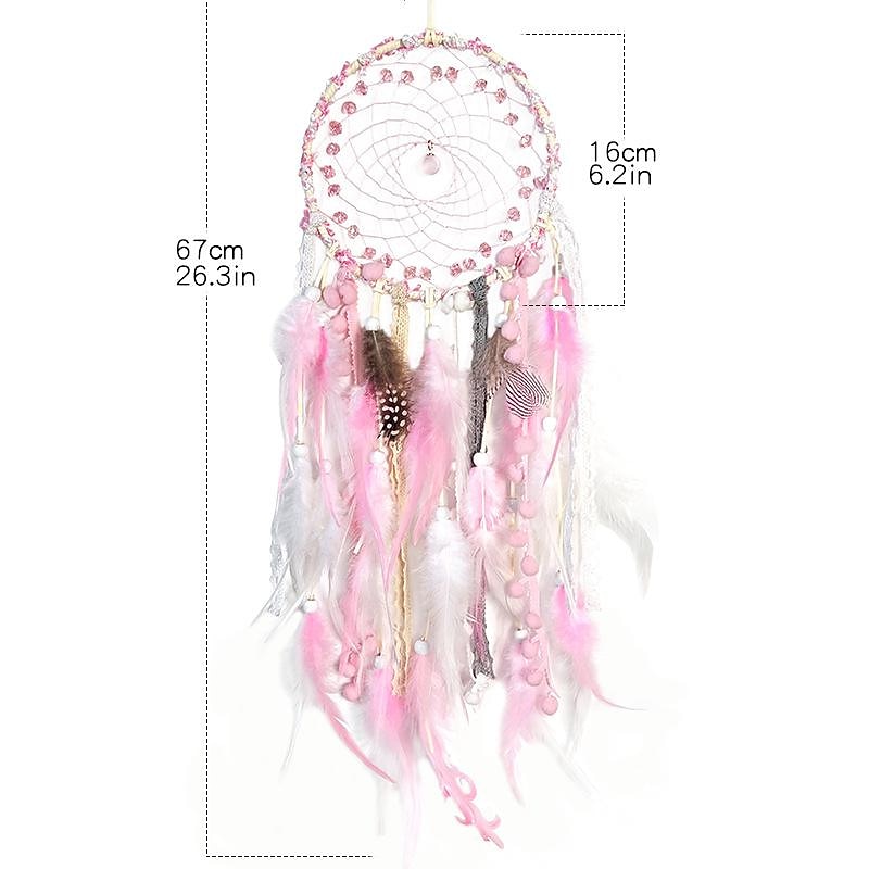 Pink Dream Catcher Handmade Gift Feather Hook Flower Wind Chime Ornament Wall Hanging Decor Art Boho Style, 67x16cm/26.3''x6.3''2