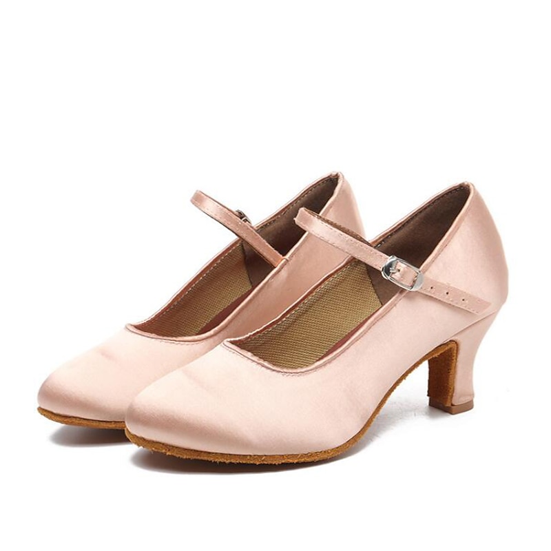 Women's Pink Satin Ballroom Dance Shoes – Mary Jane Latin Heels with Suede Sole for Performance & Practice