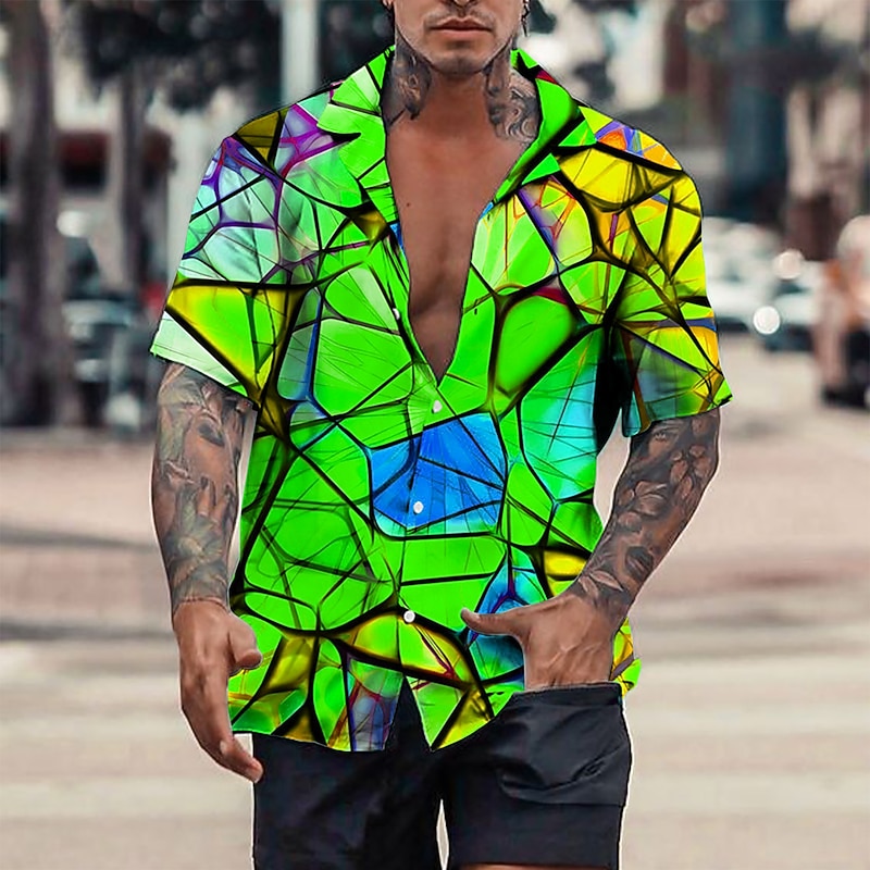 Men's Color Block Abstract Shirt Button Up Shirt Short Sleeve Sports Fashion Streetwear Casual Holiday Going out Summer Spring Cuban Collar Print Black Yellow Blue Green3