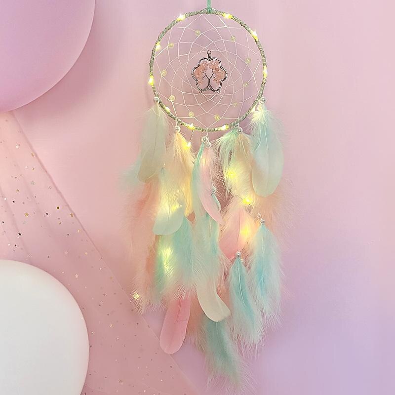 Colorful Tree of Life Dream Catcher Handmade Gift Feather Hook Flower Wind Chime with Gems Ornament Wall Hanging Decor, 72x16cm/28.3''x6.3''4