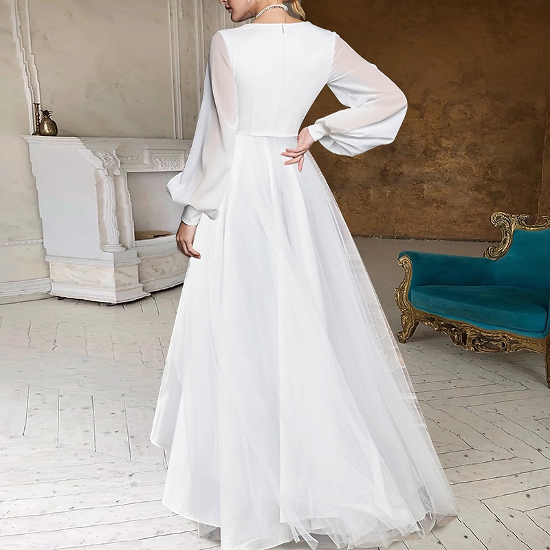 Beach Wedding Bridal Shower Little White Dress Bridal Shower Dresses Casual Wedding Dresses A-Line V Neck Long Sleeve Asymmetrical Chiffon Bridal Gowns With Solid Color3