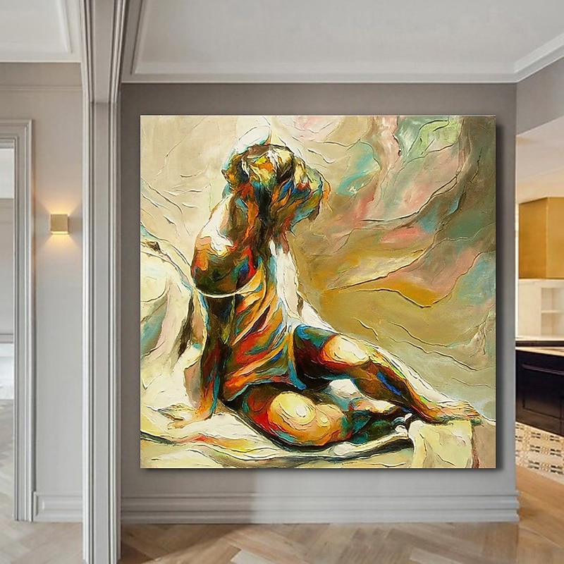 Oil Painting Hand Painted Square Abstract People Modern Stretched Canvas3