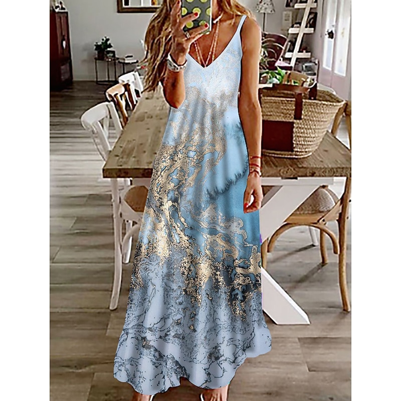 Women's Maxi Dress Casual Dress Sundress Floral Dress Basic Classic Casual Vacation Casual Daily Regular Fit Print Marble Sleeveless V Neck Khaki Light Blue Summer Spring