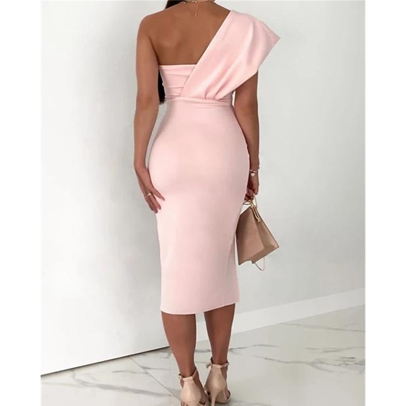Sheath Cocktail Dresses Elegant Dress Wedding Guest Prom Tea Length Sleeveless One Shoulder Stretch Fabric with Slit Pure Color Strappy Dresses2