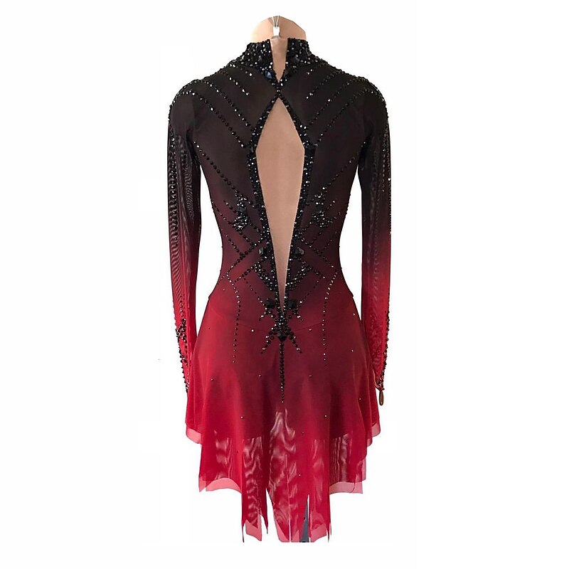 Figure Skating Dress Girls' Ice Skating Dress Black Red Halo Dyeing High Elasticity Professional Competition Skating Wear Thermal Warm Crystal / Rhinestone Long Sleeve Ice Skating Figure Skating3