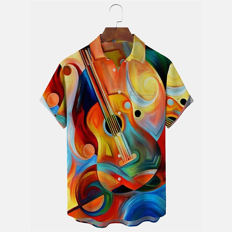 Men's Boardmasters Music Guitar Shirt Button Up Shirt Short Sleeve Fashion Designer Casual Outdoor Casual Summer Spring Turndown Print Yellow Khaki2