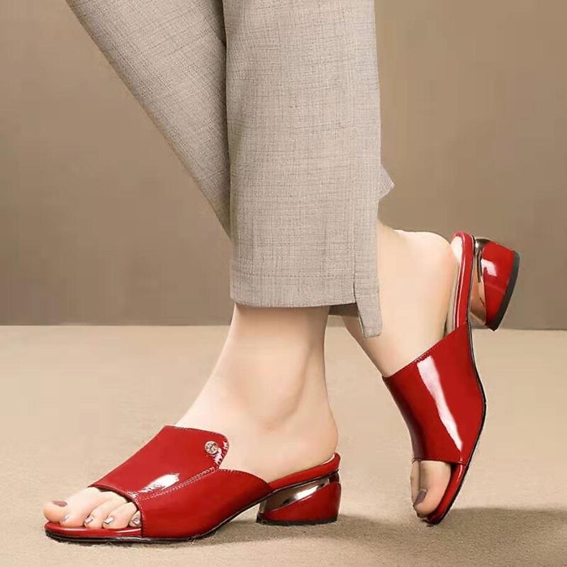 Women's Red Patent Faux Leather Open-Toe Mules with Metallic Block Heels - Chic and Comfortable for Evening Parties - Main Image