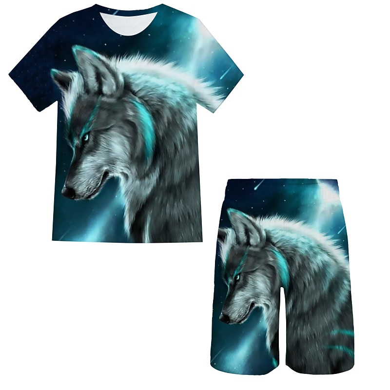 Boys 3D Animal Wolf T-shirt & Shorts Clothing Set Short Sleeve Summer Spring Sports Fashion Cool Kids 3-13 Years Outdoor Vacation Street Regular Fit2