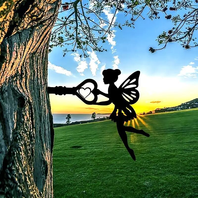 Angel On Branch Steel Silhouette Metal Wall Art Home Garden Yard Patio Outdoor Statue Stake Decoration Perfect For Birthdays, Housewarming Gifts4