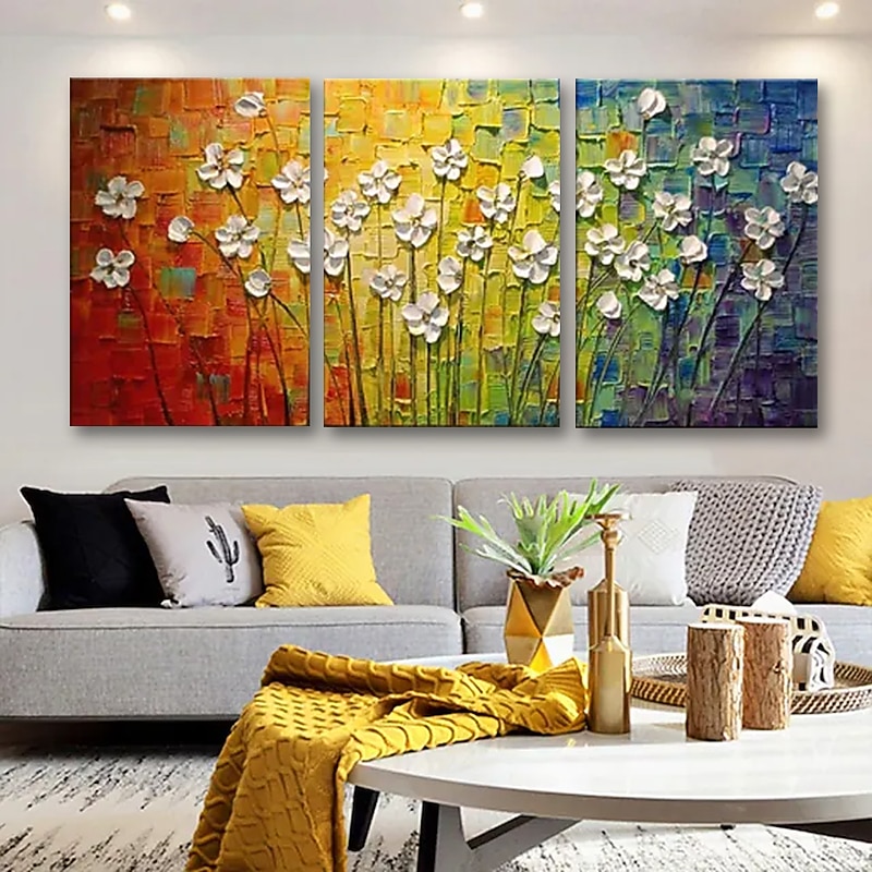 Oil Painting Hand Painted - Floral Botanical Pastoral Modern Canvas Three Panels 50 x 40 cm