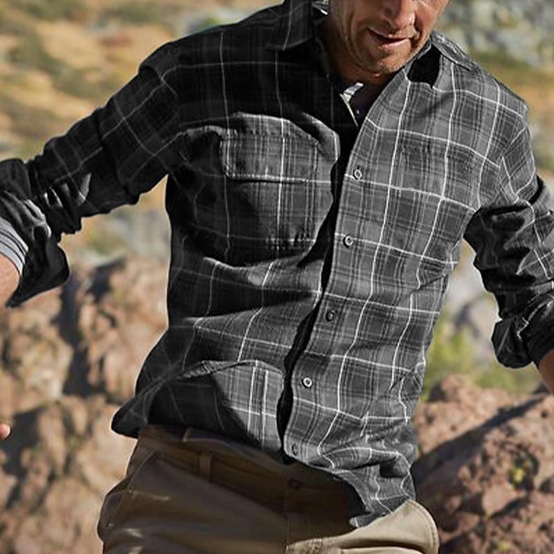 Men's Shirt Casual Shirt Button Up Shirt Checked Shirts Navy Blue Blue Brown Green Dark Gray Long Sleeve Graphic Plaid Turndown Vacation Street Print Clothing Apparel Stylish Modern Contemporary4