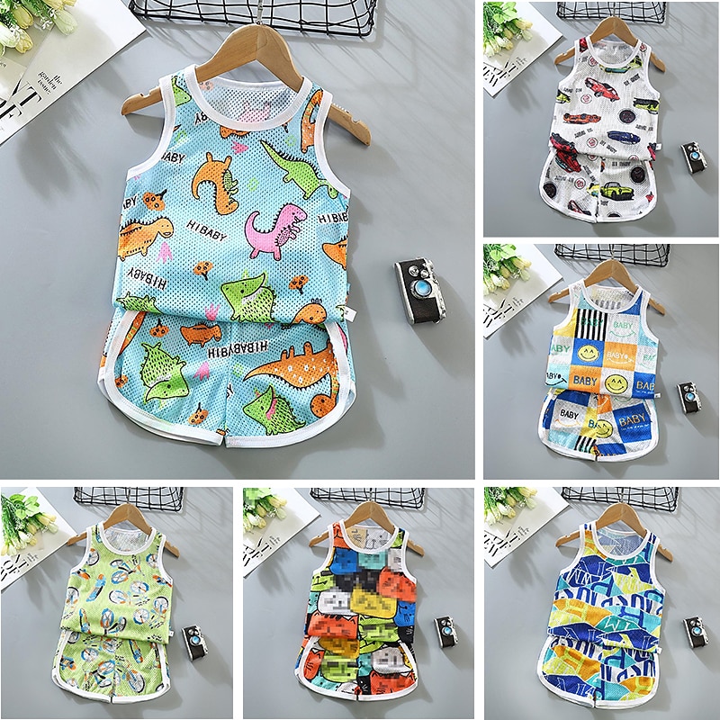 2 Pieces Toddler Boys Tank & Shorts Outfit Animal Cartoon Sleeveless Cotton Set Outdoor Fashion Daily Summer Spring 3-7 Years Blue dinosaur feather car
