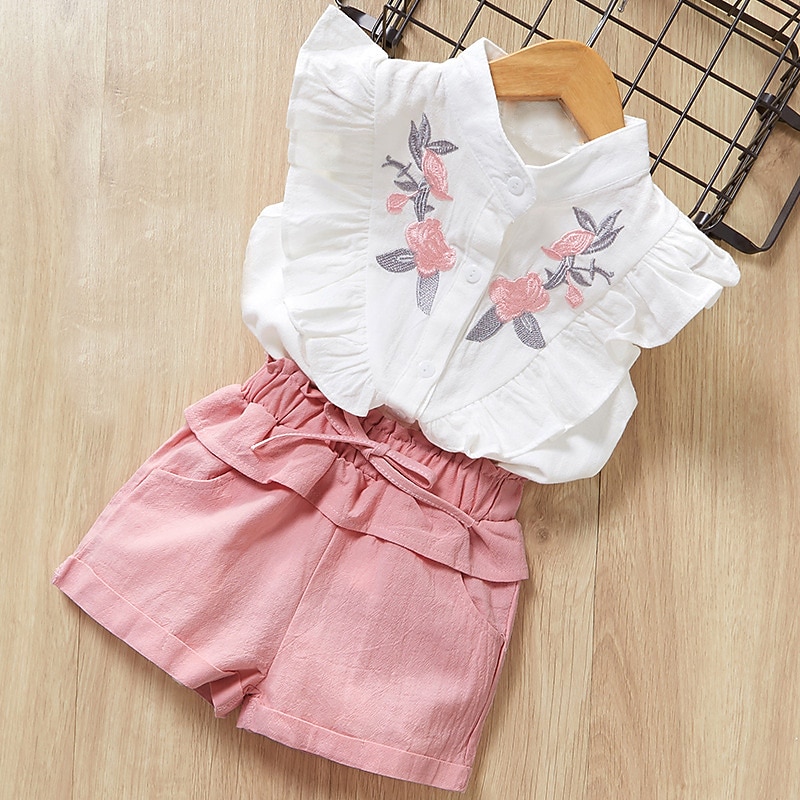 2 Pieces Toddler Girls' Floral Shirt & Shorts Set Short Sleeve Active Casual Cotton 3-7 Years Summer White
