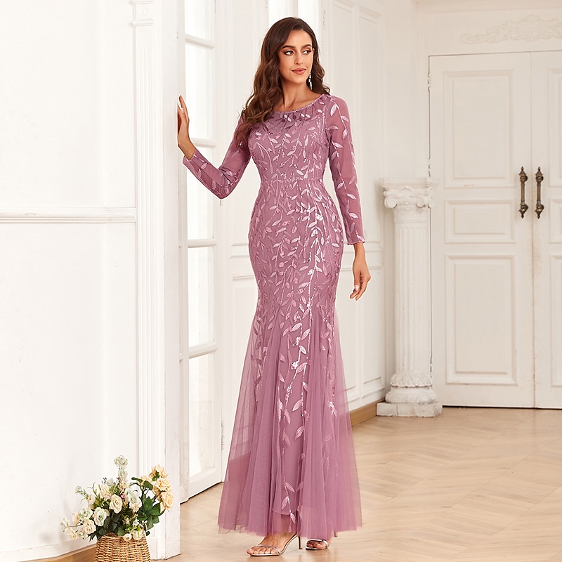 Mermaid Evening Gown Sequin Elegant Dress Wedding Guest Prom Floor Length Long Sleeve Jewel Neck Tulle with Embroidery dress to impress4