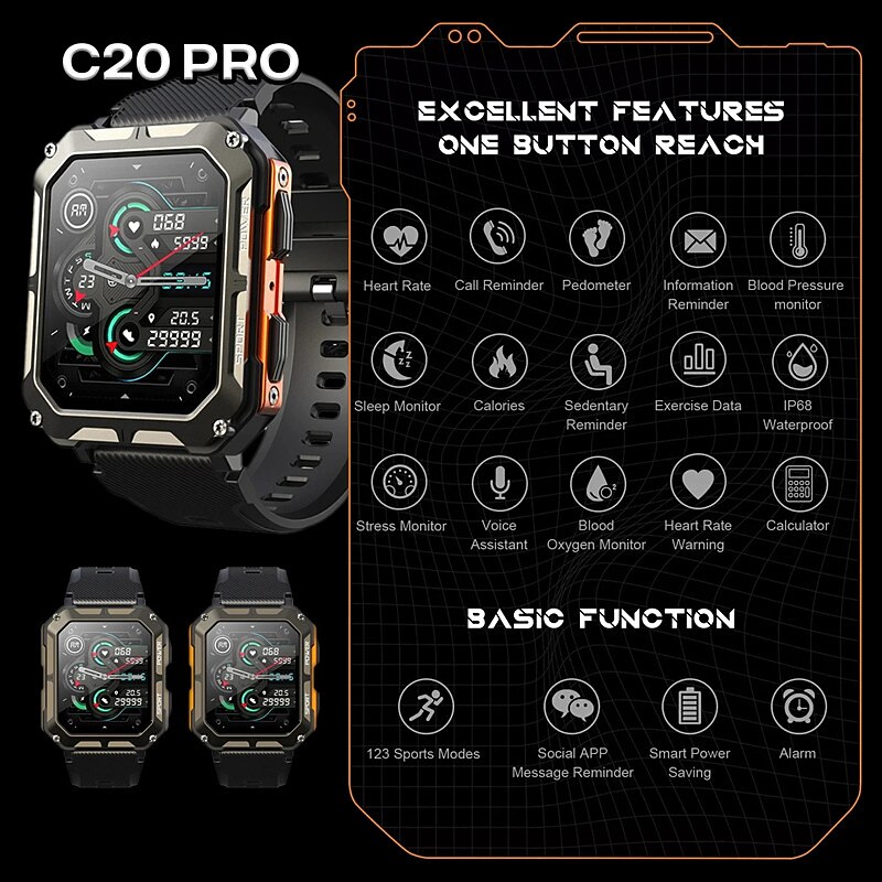 C20 PRO Smartwatch Bluetooth Call Blood Pressure Detection IP68 Waterproof Men's Swimming Diving Sports Smartwatch3