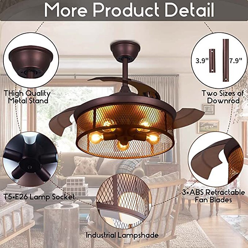 Ceiling Fans with Lights 5-Light 19.5" Dimmable Retro Design Ceiling Lights Metal Artistic Style Modern Style Novelty Painted Finishes Black 85-265V4