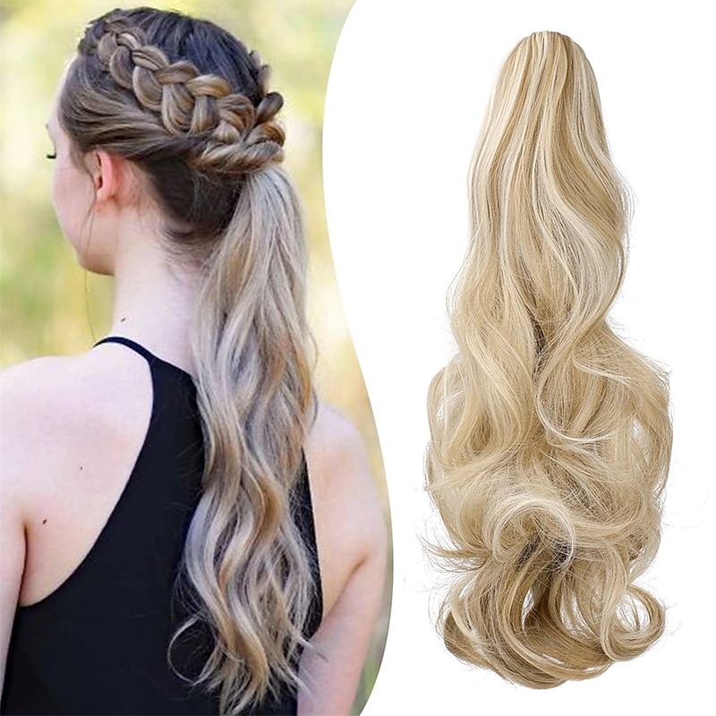 Claw Clip Ponytail Extension 18 Clip in Wavy Ponytail Hair Extensions Long Pony Tails for Women Extensions Ash Blonde Mix Light Bleach Blonde Wave Hairpiece